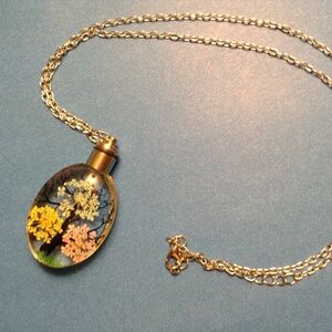 Unique Lucite or Acrylic Clear Pendant Necklace With Pink Yellow Blue Flowers
